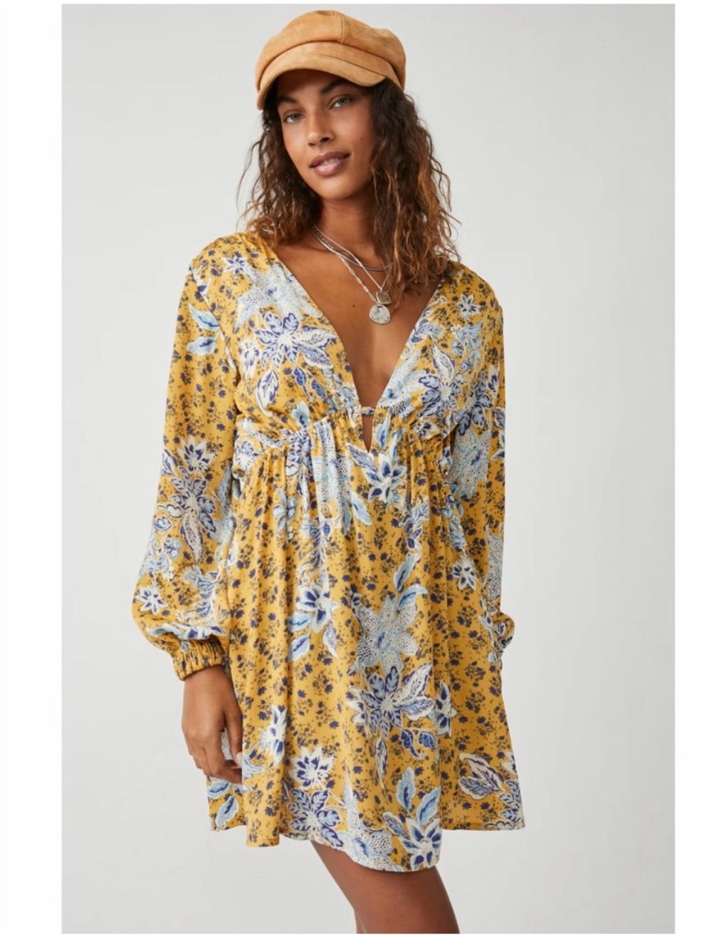Free People Mustard Yellow Floral V-Neck Coverup Dress